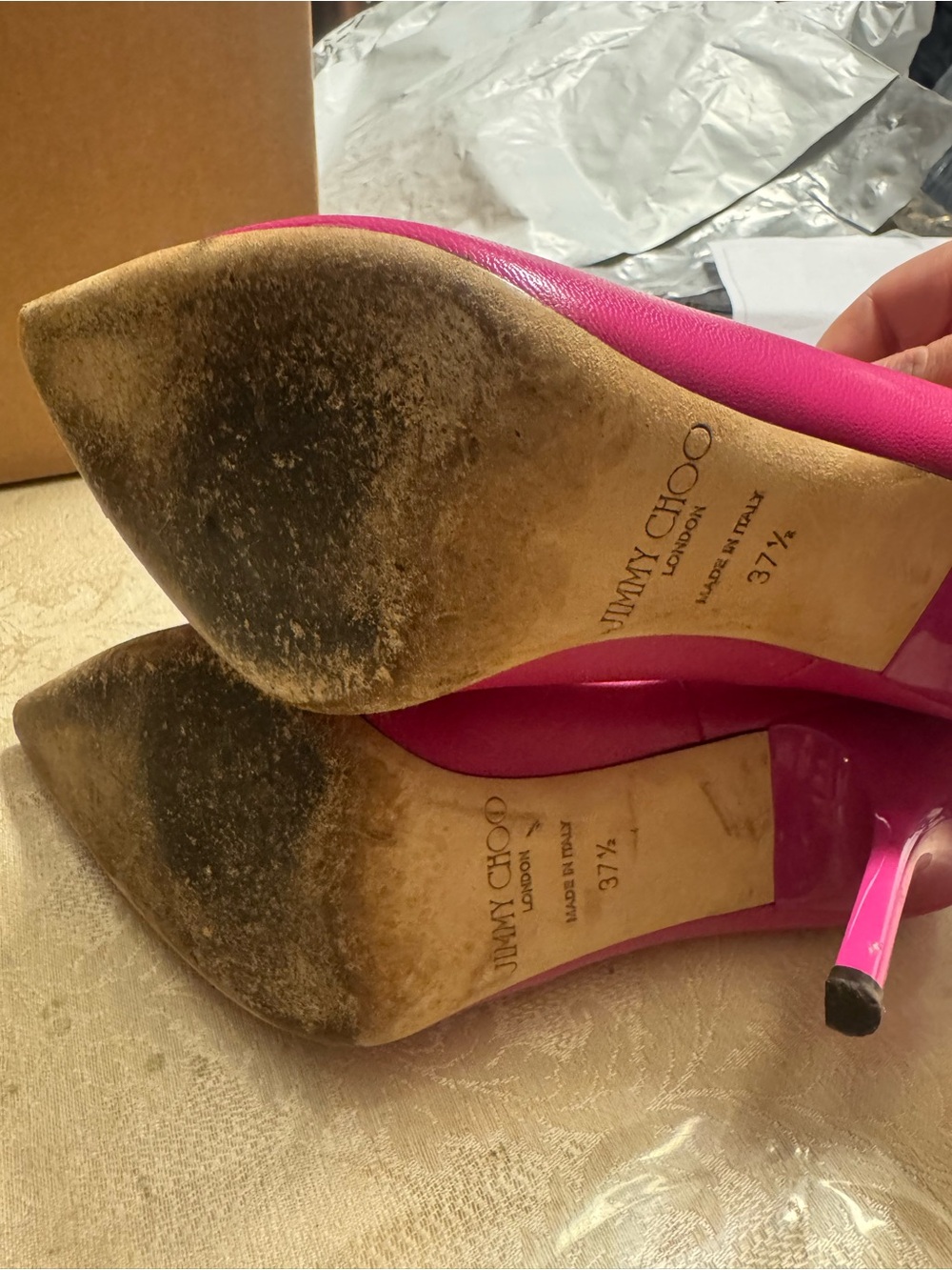 Breathtaking auth Jimmy Choo Hot Pink Leather Pointed Toe Pumps Heels 37.5 + COA - Picture 9 of 9